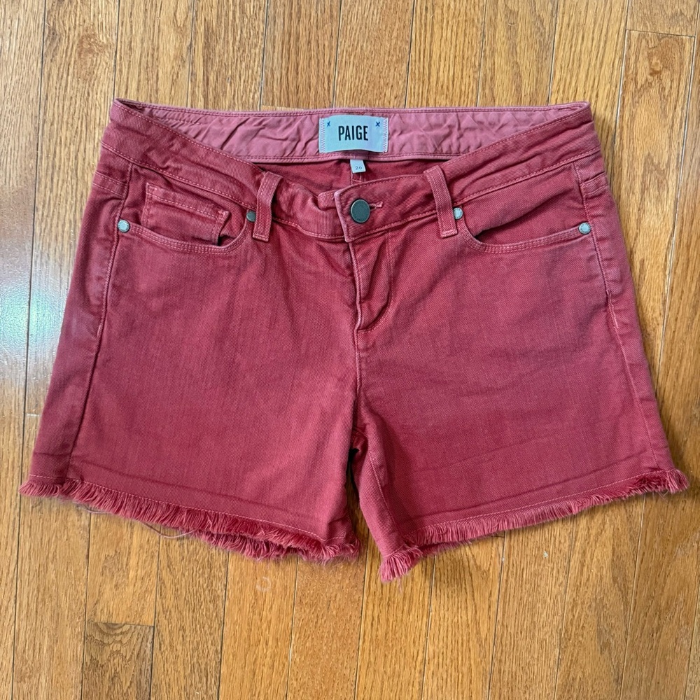 PAIGE Wine Red Frayed Hem Denim Shorts